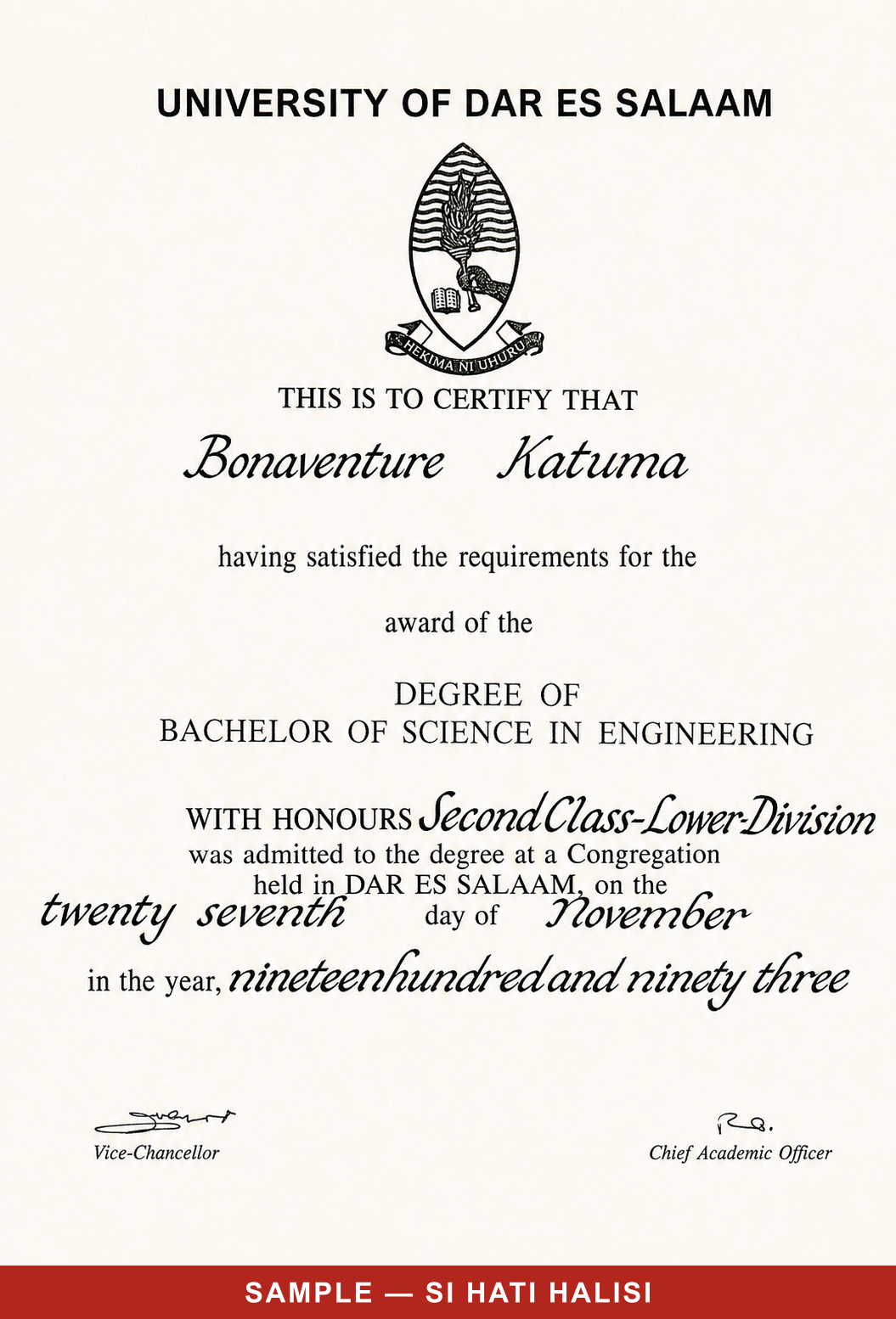University of Dar es Salaam Bachelor of Science in Engineering certificate awarded to Bonaventure Katuma