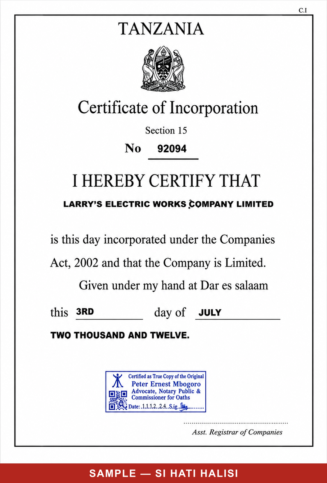 Certificate of incorporation for Larrys Electric Works Company Limited under the Companies Act 2002