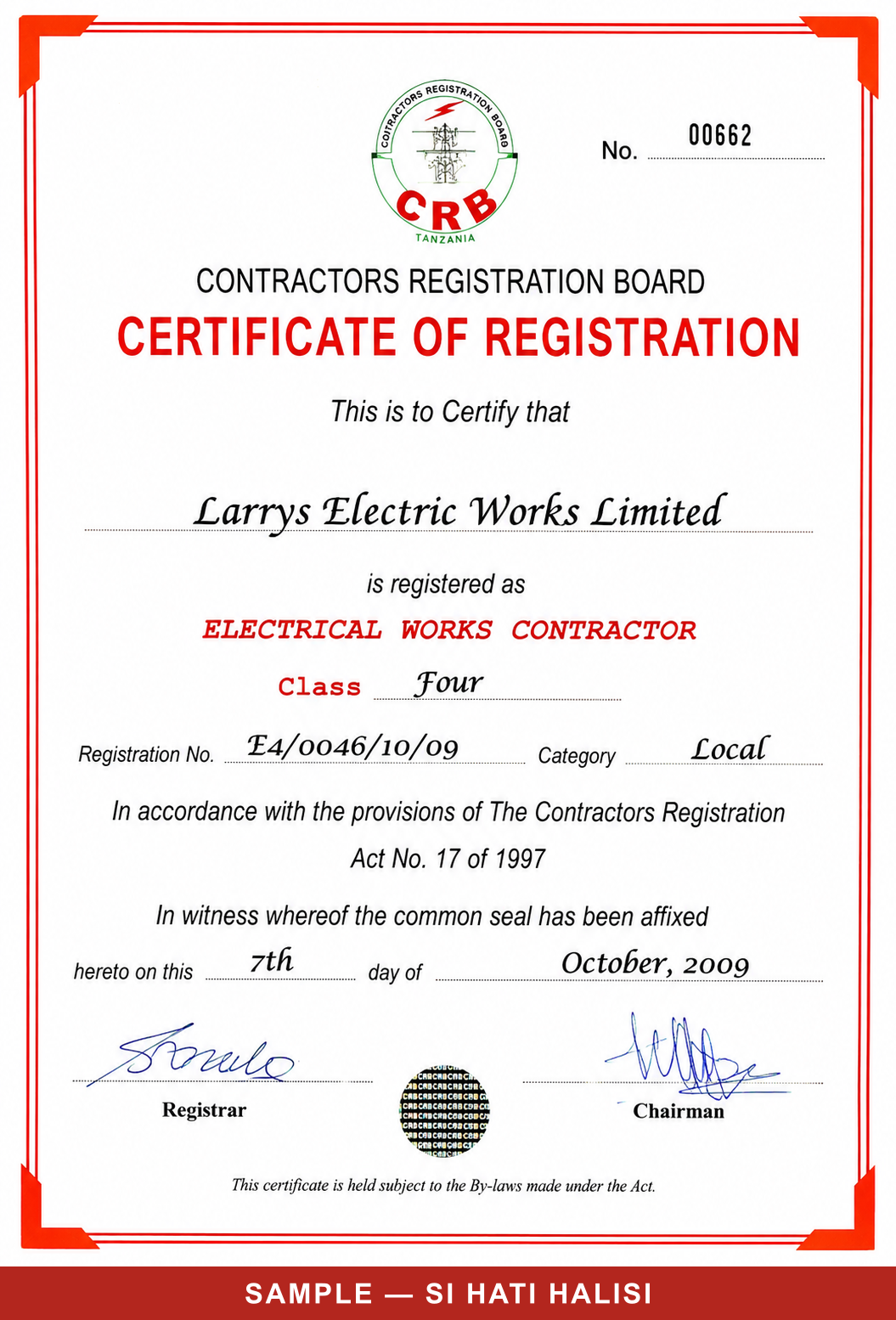 Contractors Registration Board certificate of registration for Larrys Electric Works Limited as an Electrical Works Contractor, Class Four