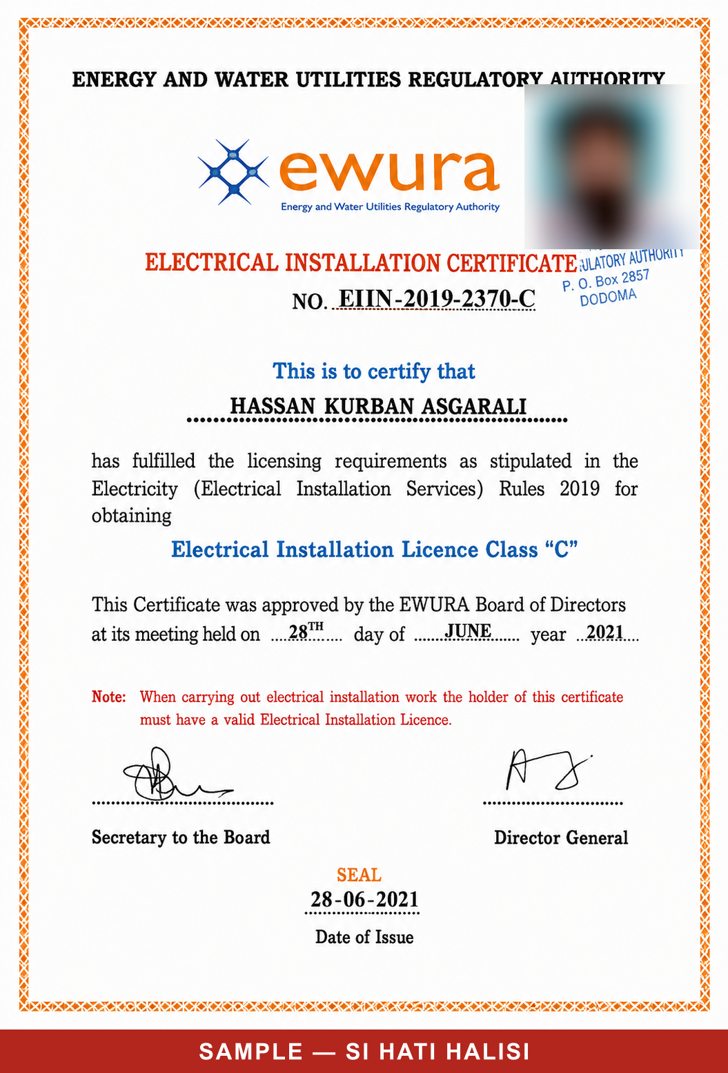 EWURA electrical installation certificate, Class C, issued to Hassan Kurban Asgarali