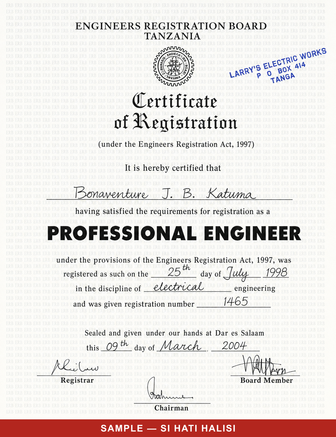 Engineers Registration Board certificate of registration for Bonaventure J. B. Katuma as a Professional Engineer in electrical engineering