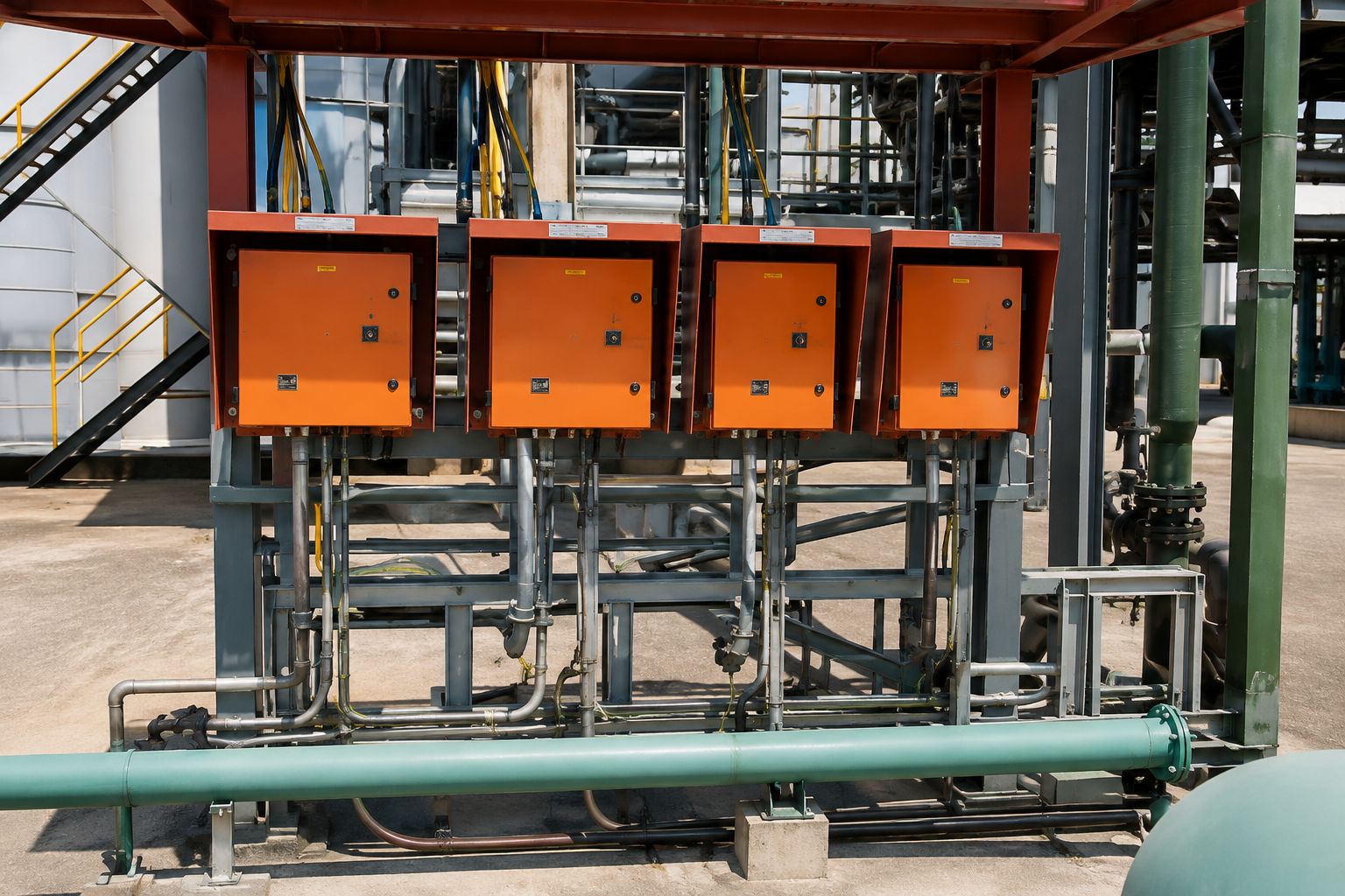 Bank of local control stations mounted on a steel frame at a cement plant