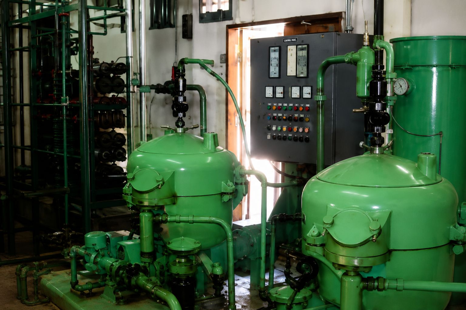 Plant room control panel beside green process vessels and pipework