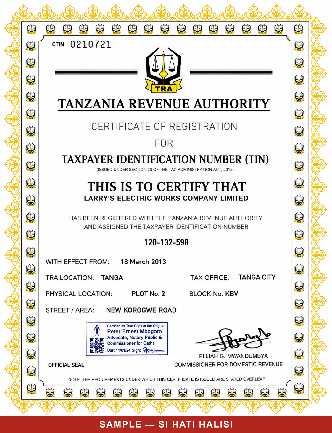 Tanzania Revenue Authority Taxpayer Identification Number certificate for Larry's Electric Works Company Limited
