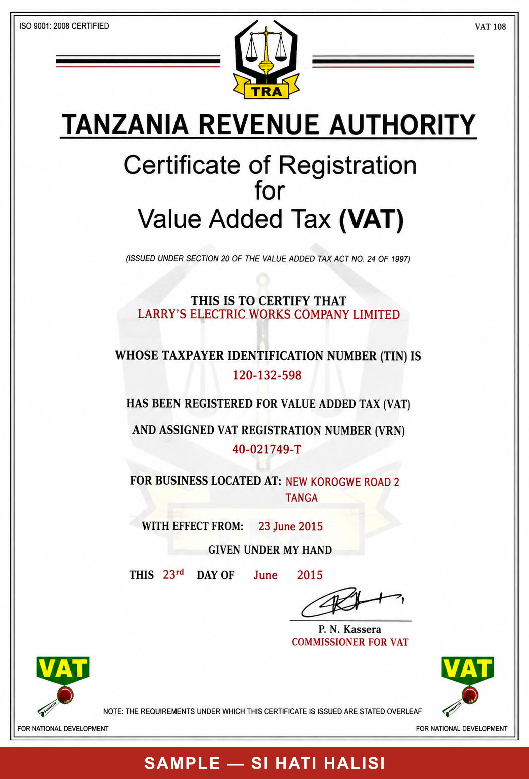 Tanzania Revenue Authority Value Added Tax registration certificate for Larry's Electric Works Company Limited